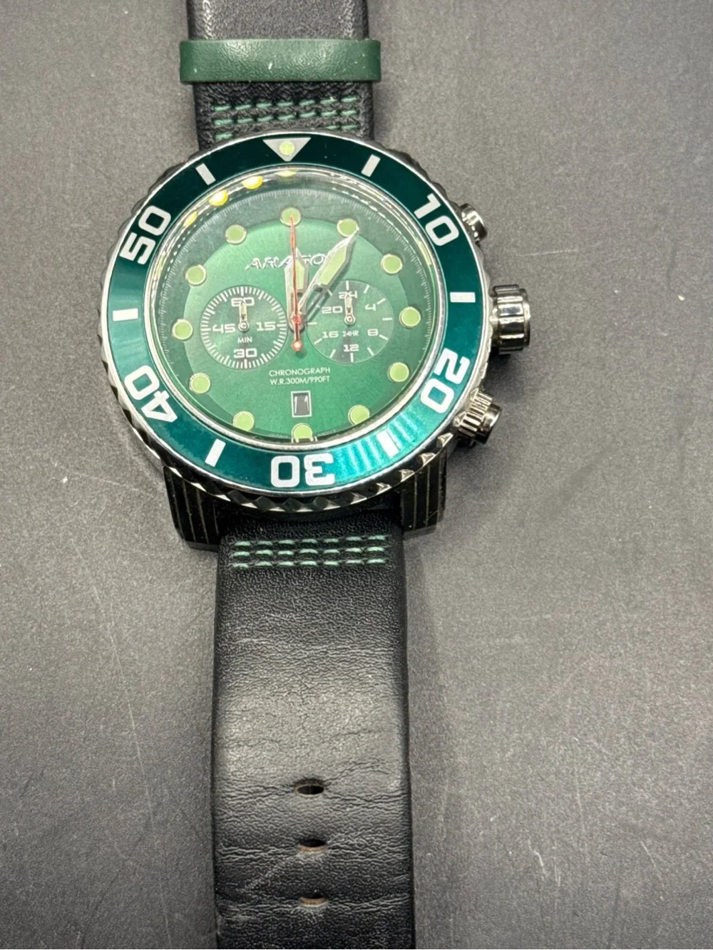 Aragon Watch A175 Green Dial New Battery Rare Discontinued Black Leather Band